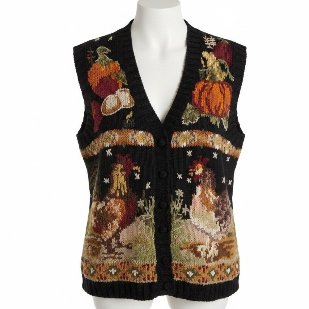 Tiara International Vintage 1998 Harvest Chicken Pumpkin Sweater Vest Womens M
